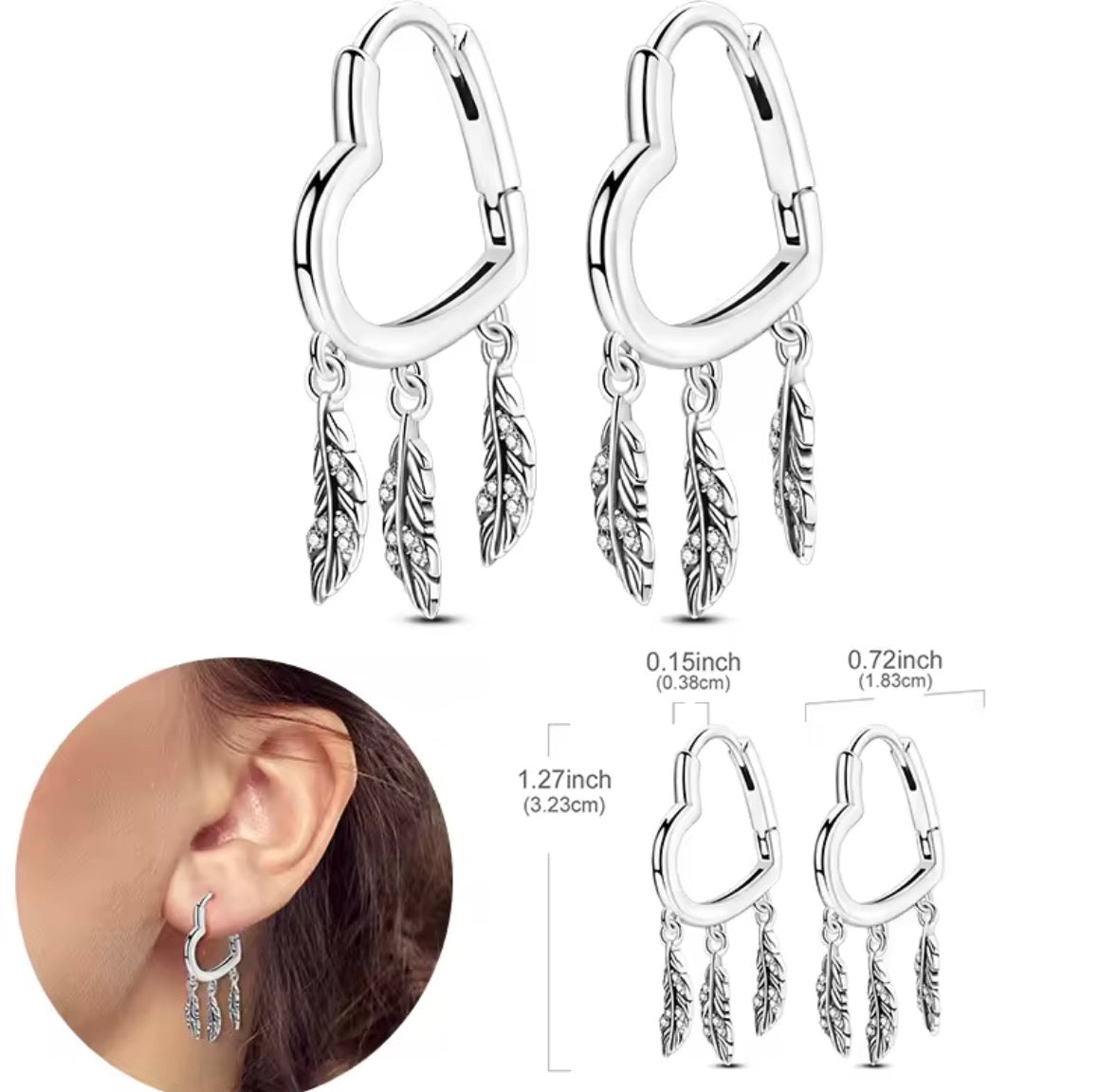 Argollas corazón 3 plumas plata