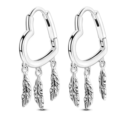 Argollas corazón 3 plumas plata